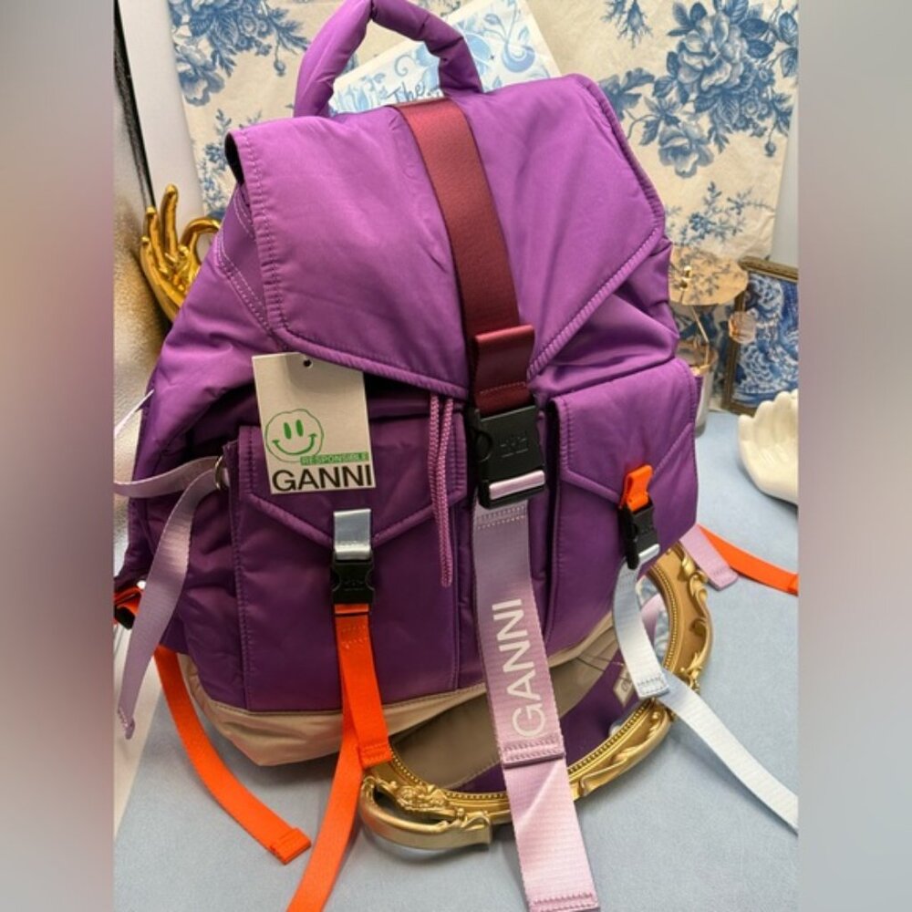 🆕 GANNI 🧿 NWT Recycled Tech Backpack, Purple Wine & Orange, Baby Blue - Picture 4 of 13